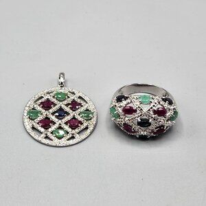 Sterling Silver Lattice Ring & Pendant Set Pink Green Stone Accents B925 Size 9